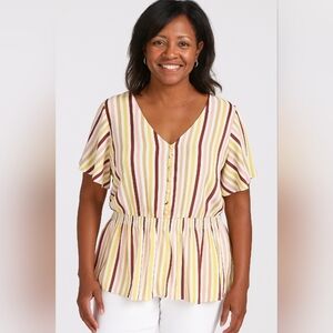 Lane Bryant striped blouse with butterfly sleeves and elastic waistline, size 18